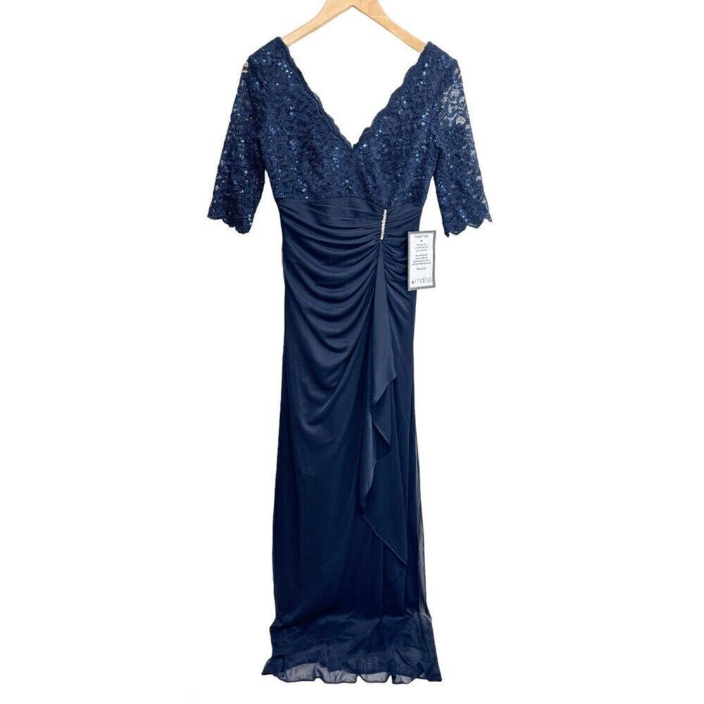 Betsy & Adam Dress Size 4 Blue Maxi Gown Sequined V Neck Short Sleeve‎ NEW